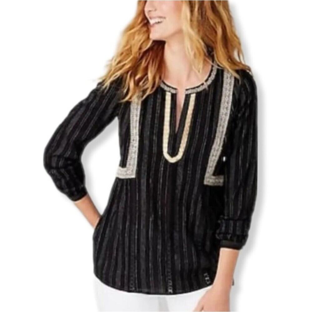 J Jill Women Tunic Top M Black Beige Crochet Gauze Summer Boho Beachy Casual